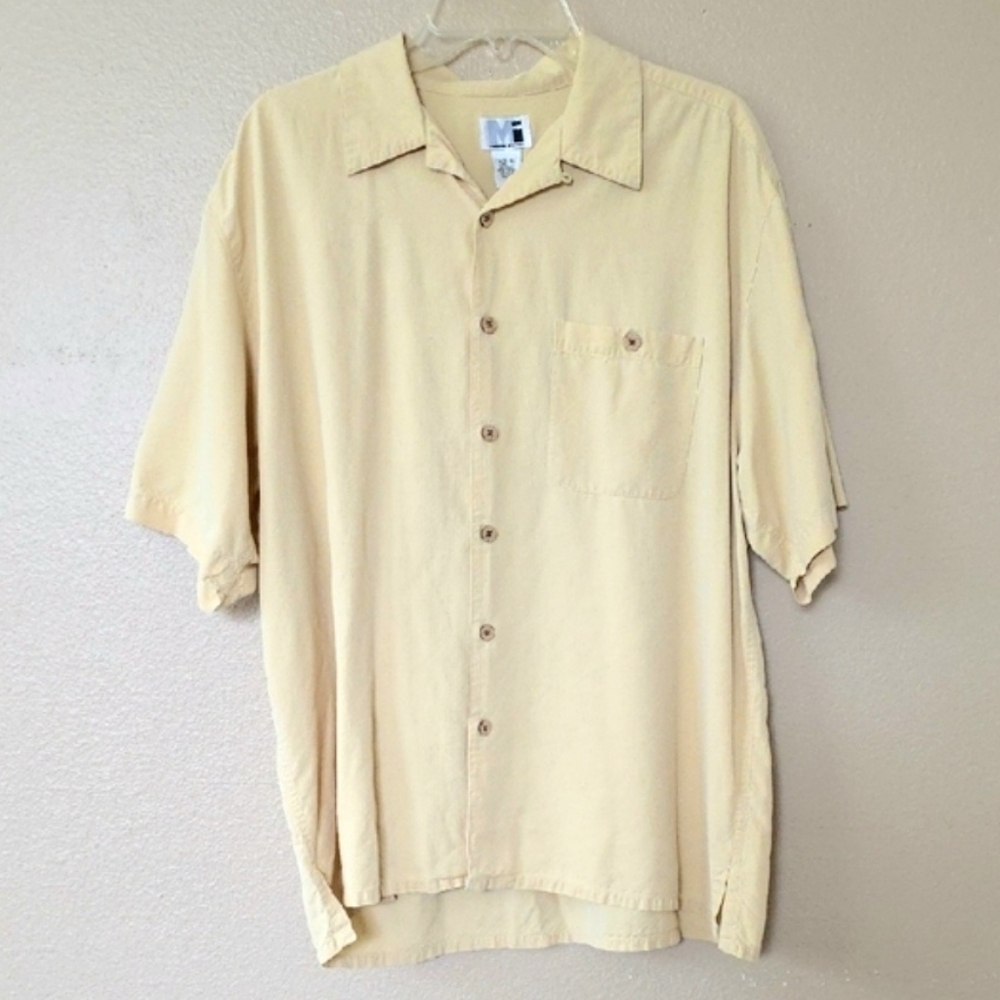 Modern Images Men's Yellow 100% Silk Button Down Short Sleeve Shirt - Size XL